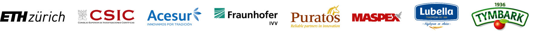 Logos: ETH Zurich, CSIC, Acesur, Frauenhofer, Puratos, Maspex, Lubella, Tymbark